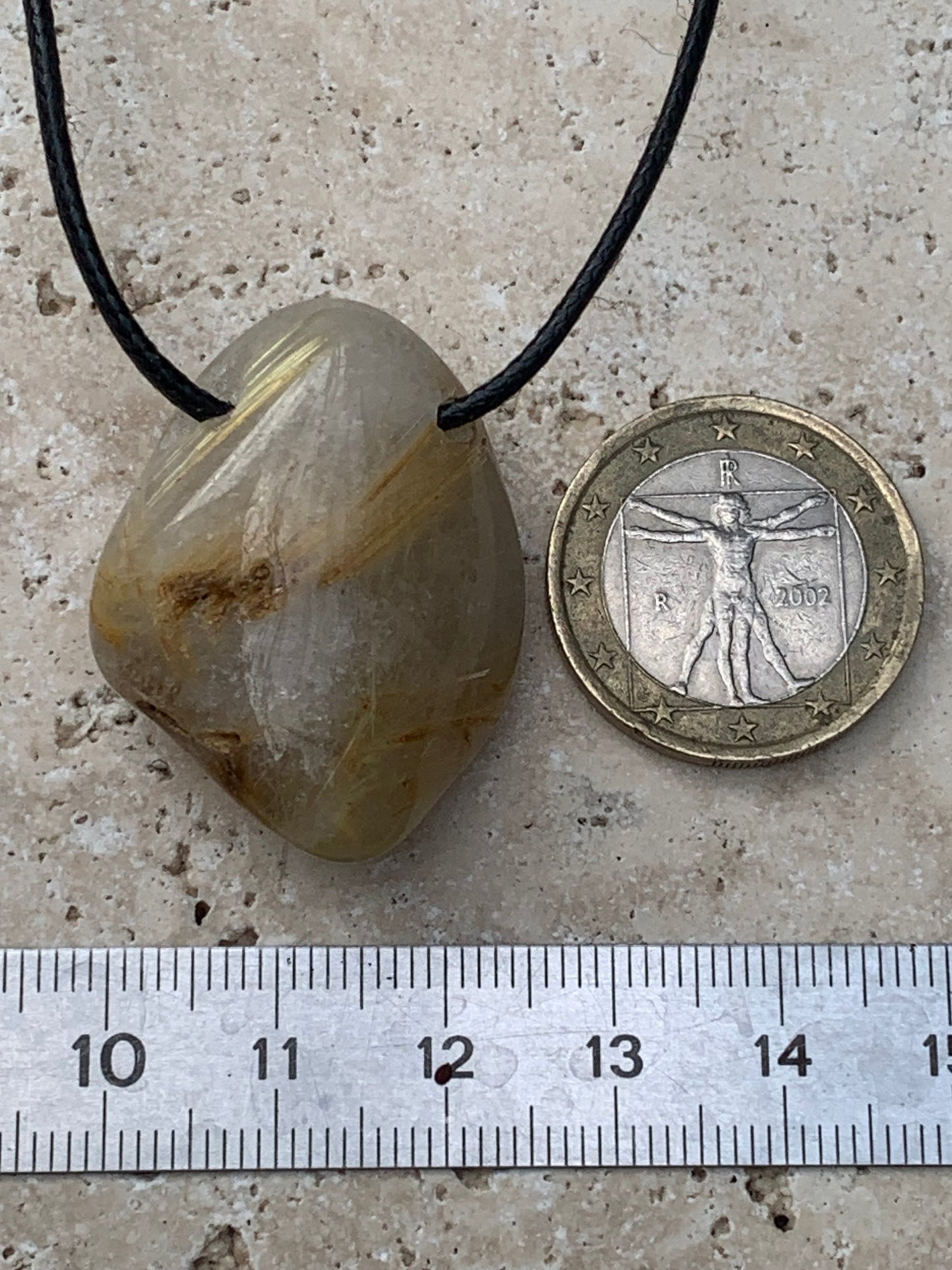 Rock crystal/quartz with golden rutile inclusions - Silver pendant, 34mm high x 26 wide x 15 thick. Sold with adjustable black cord!