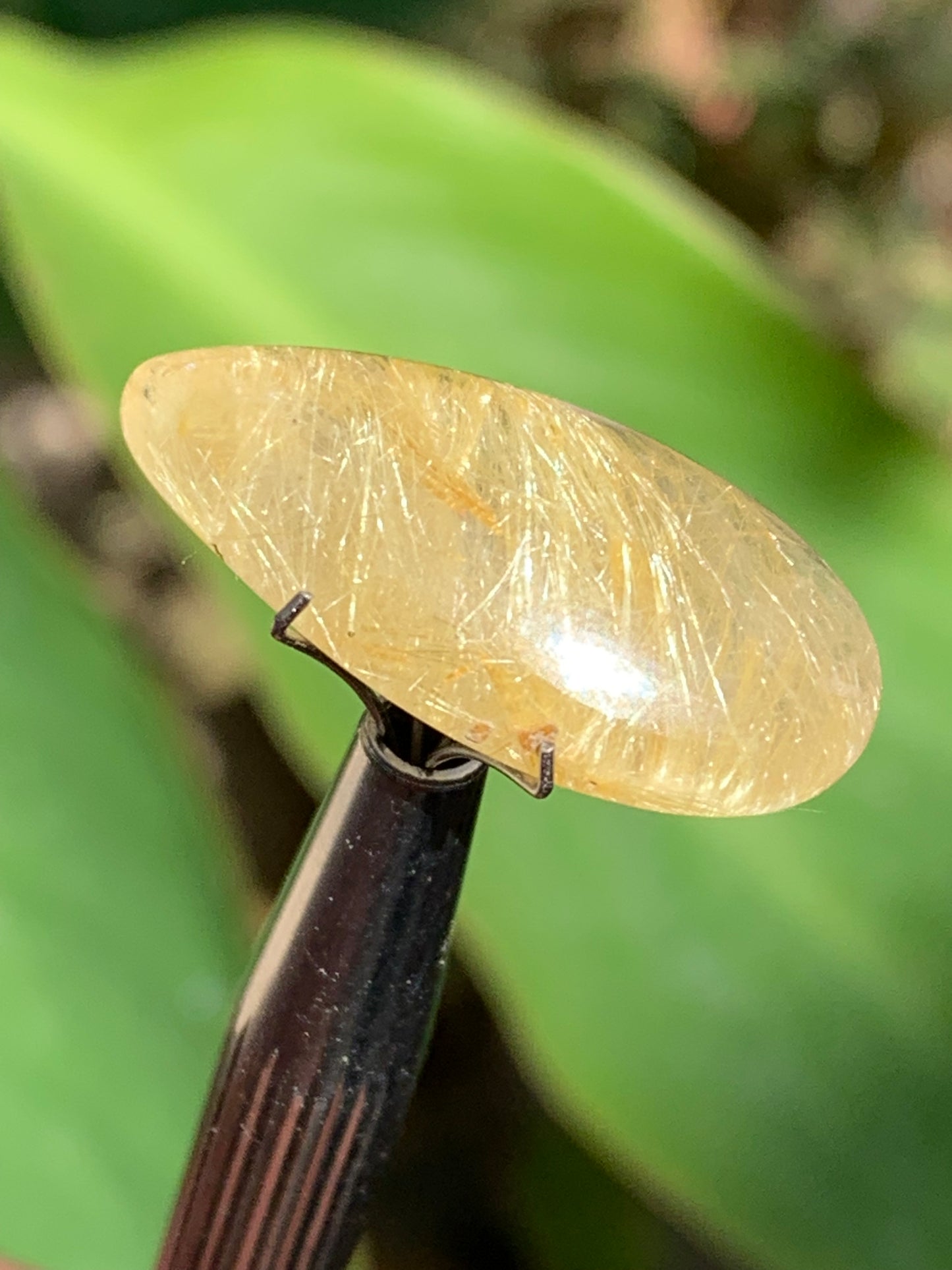 Cristal de roche/ quartz à rutiles dorés, cabochon de 25mm x15 x6 - 15,5 carats. Parfait en bijouterie, collection ,exposition...