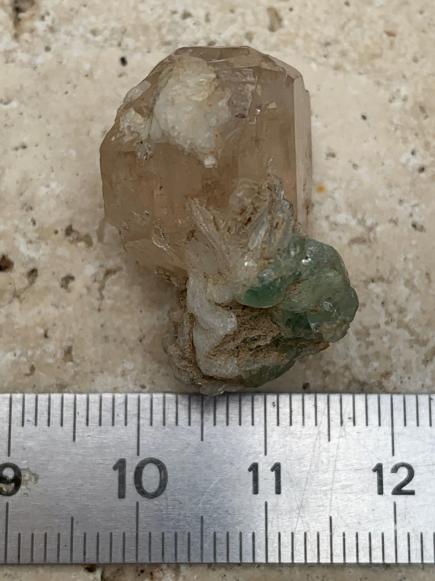 Imperial Topaz with Aquamarine, superb natural crystal measuring 25mm x 18mm x 18mm - 11.2 grams. Beautiful collector's item, unique and quite rare!