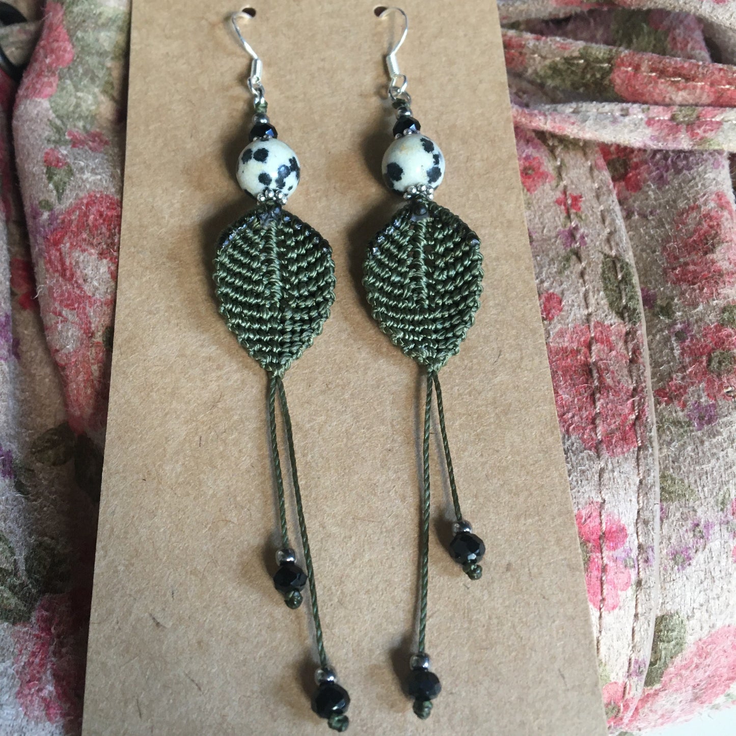 Woven textile earrings with a semi-precious stone bead. Made by the designer "Créatipik", finished in Silver, Silver Tone, or Gold. Choose your stone and receive a pair of unique earrings! Beautifully finished!