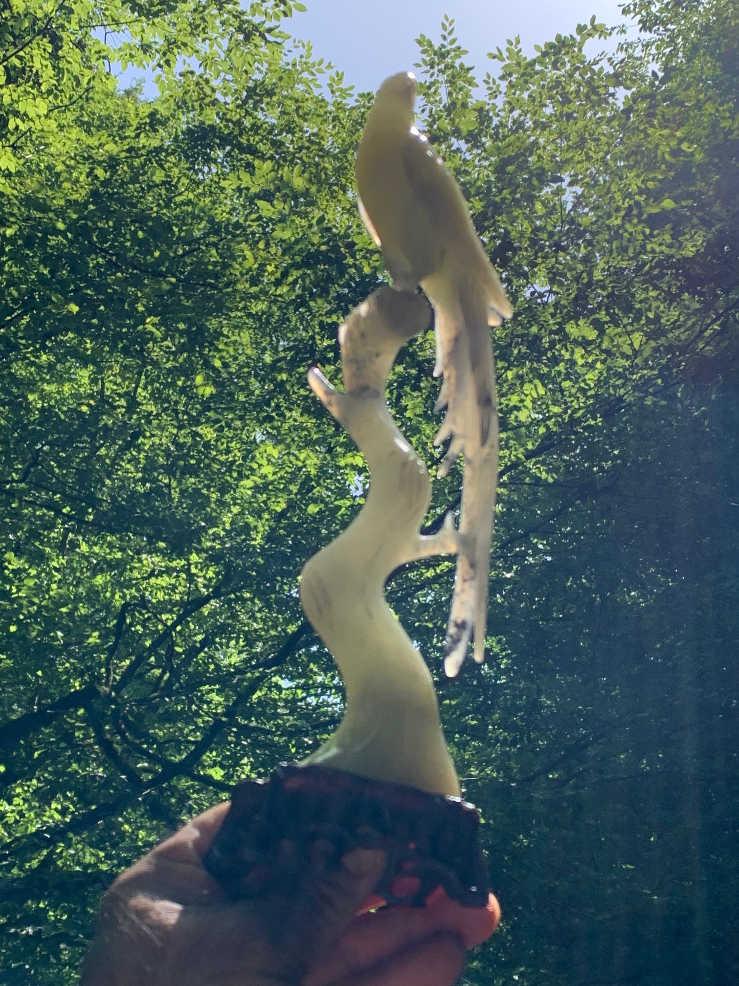 Jadéite, sculpture de Paon/ Faisan sur tronc. Sculpté à la main et base en bois ajouré. 28 centimètres de haut x 8 x 6,5. Période 20ème siécle, objet d'art rare, superbe et précieux !