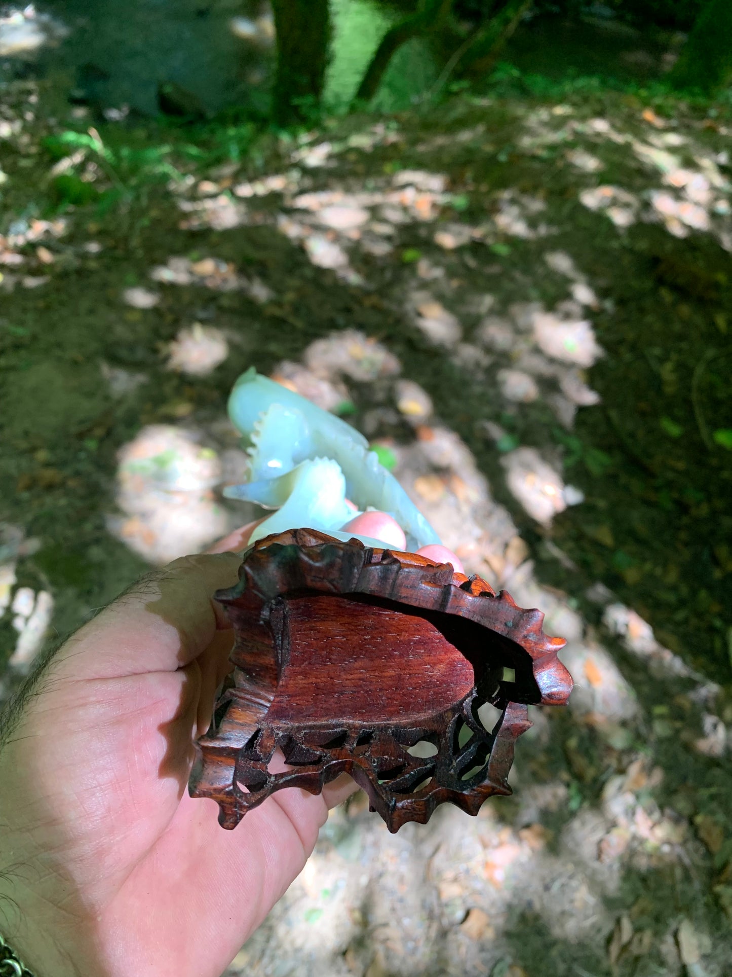 Jadéite, sculpture de Paon/ Faisan sur tronc. Sculpté à la main et base en bois ajouré. 28 centimètres de haut x 8 x 6,5. Période 20ème siécle, objet d'art rare, superbe et précieux !