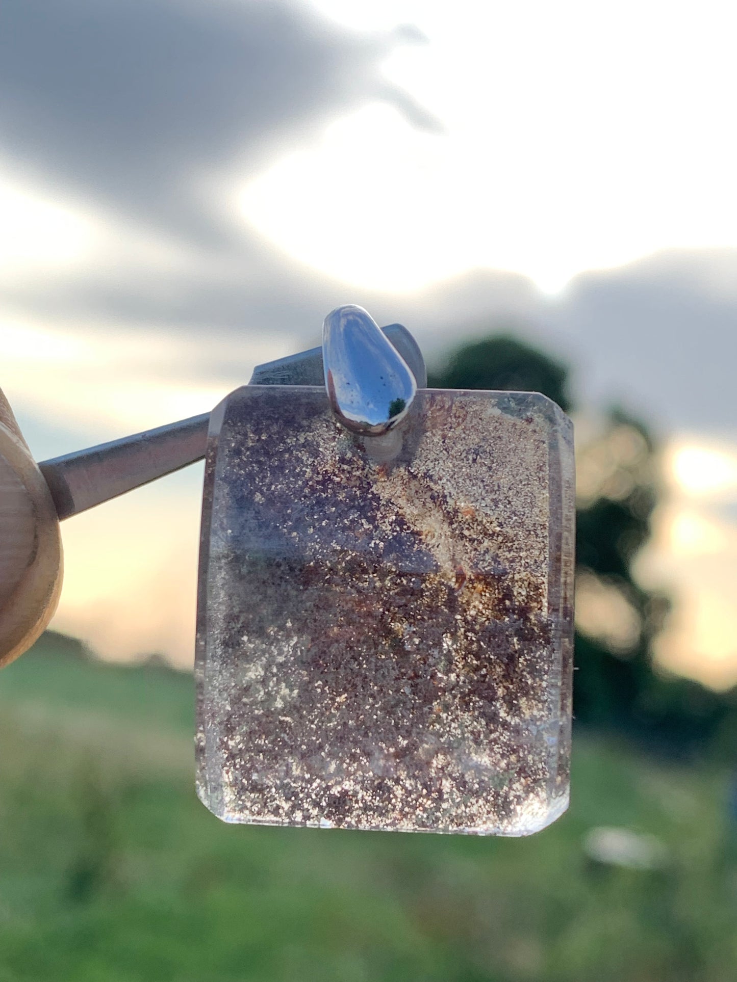 Rock crystal/ Lodolite quartz, Shaman quartz or garden quartz! Silver pendant, 36 mm high x 24 x 10 - 14.8 gr. Sold with adjustable black cord!
