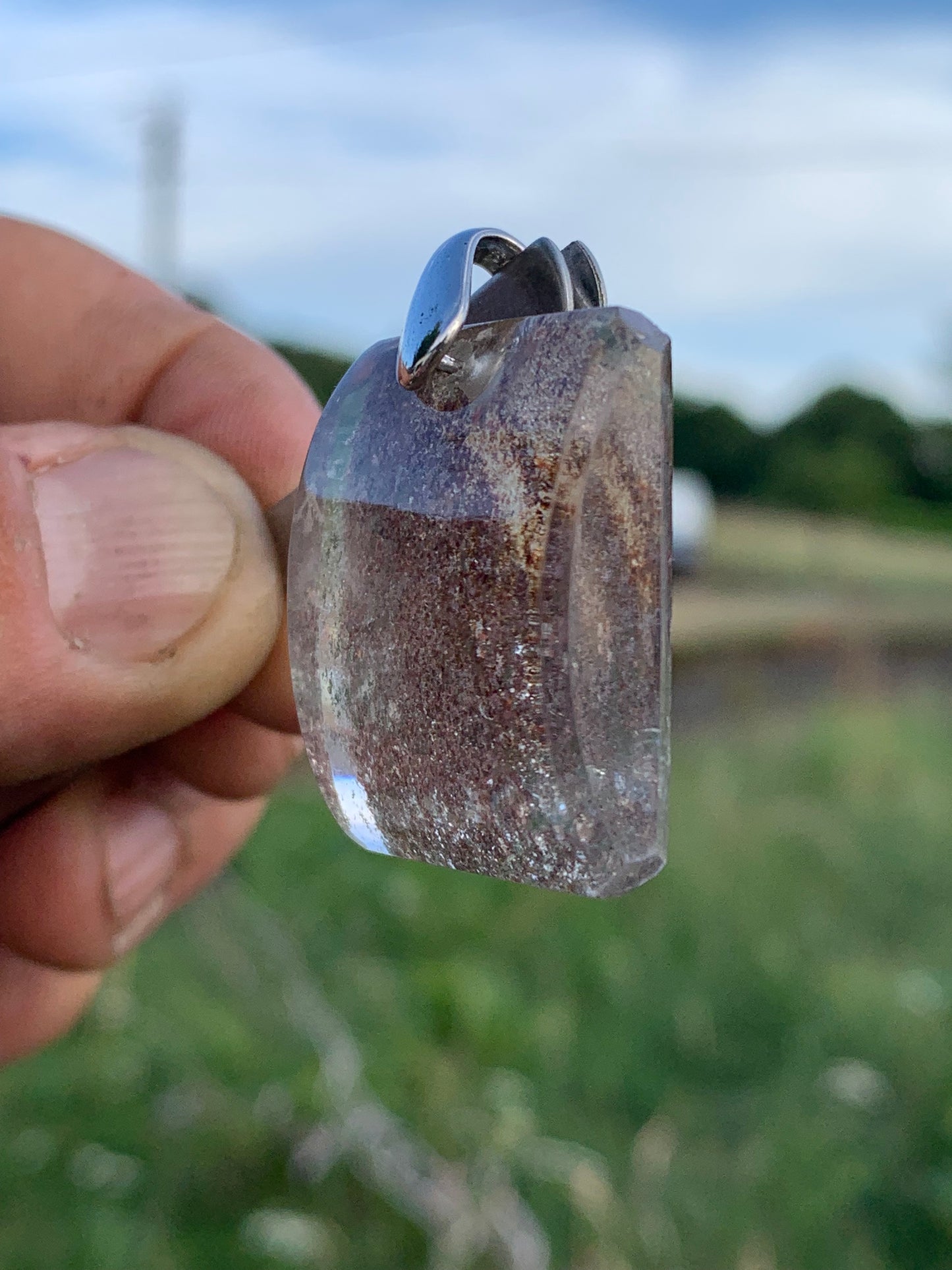 Rock crystal/ Lodolite quartz, Shaman quartz or garden quartz! Silver pendant, 36 mm high x 24 x 10 - 14.8 gr. Sold with adjustable black cord!