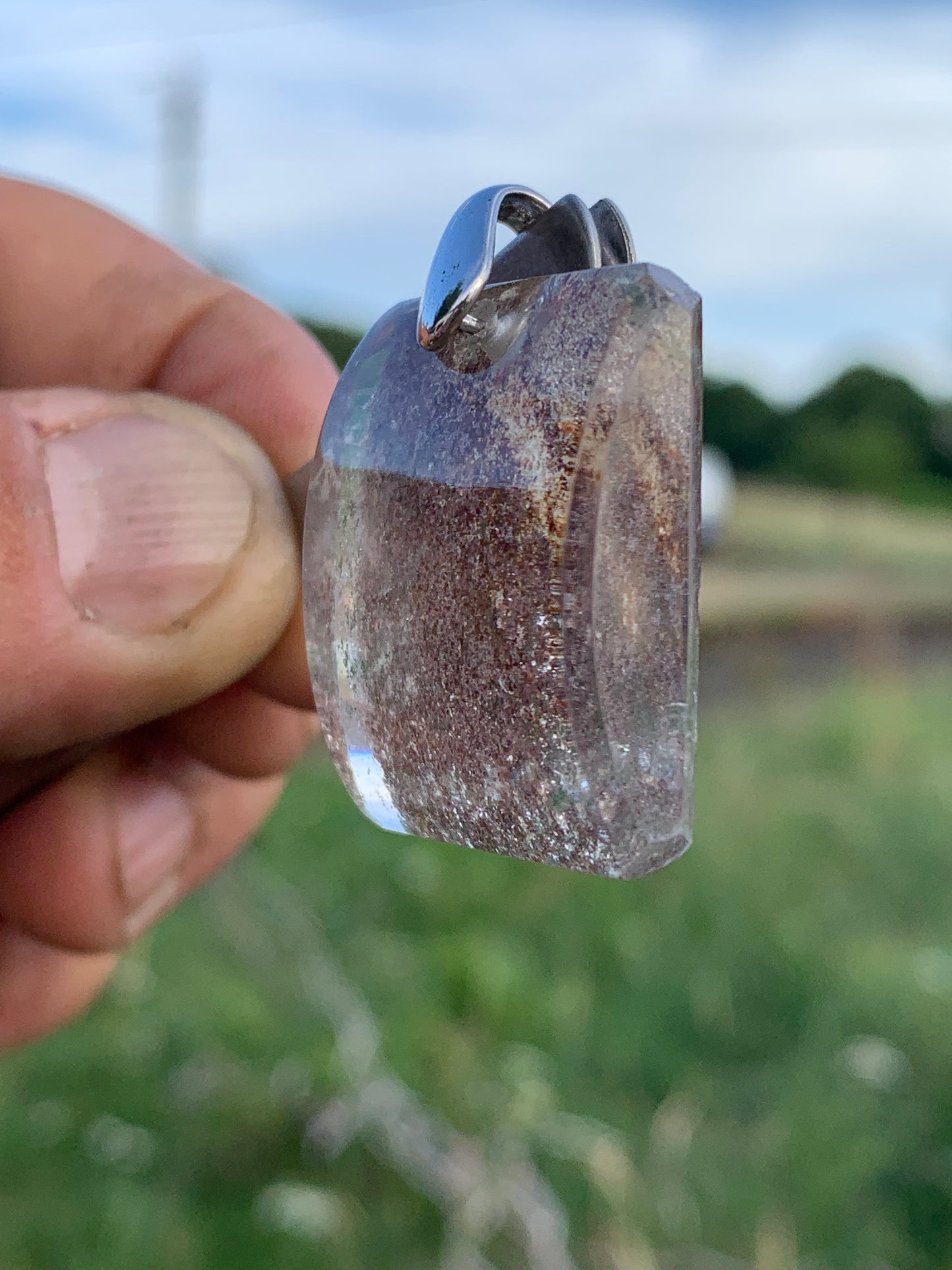 Rock crystal/ Lodolite quartz, Shaman quartz or garden quartz! Silver pendant, 36 mm high x 24 x 10 - 14.8 gr. Sold with adjustable black cord!