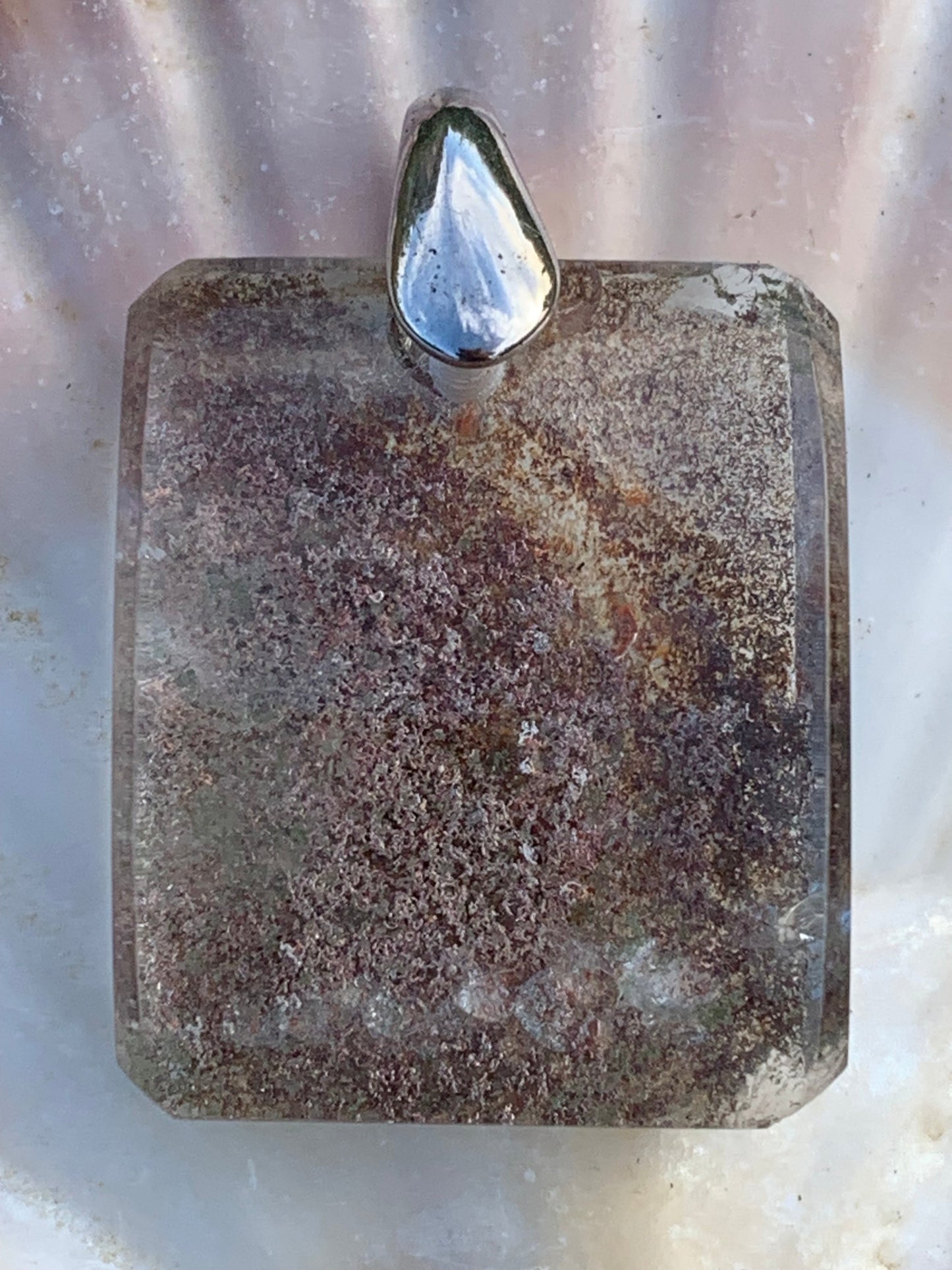 Rock crystal/ Lodolite quartz, Shaman quartz or garden quartz! Silver pendant, 36 mm high x 24 x 10 - 14.8 gr. Sold with adjustable black cord!