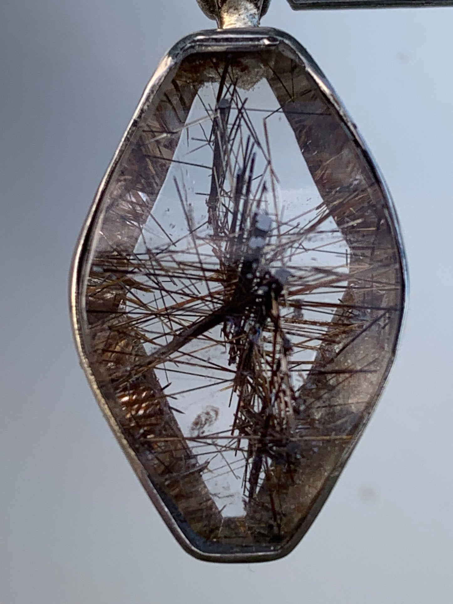Rock crystal (quartz), with tourmaline inclusions! Silver pendant, 38 mm high x 16 x 8 - 8.3 grams. Sold with an adjustable black cord!