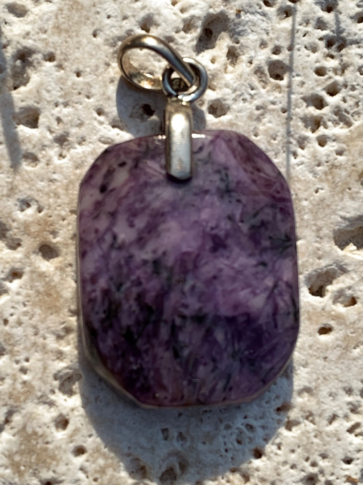 Charoite, 35mm x 20x 7mm drilled cabochon pendant. Sold with adjustable black cord!
