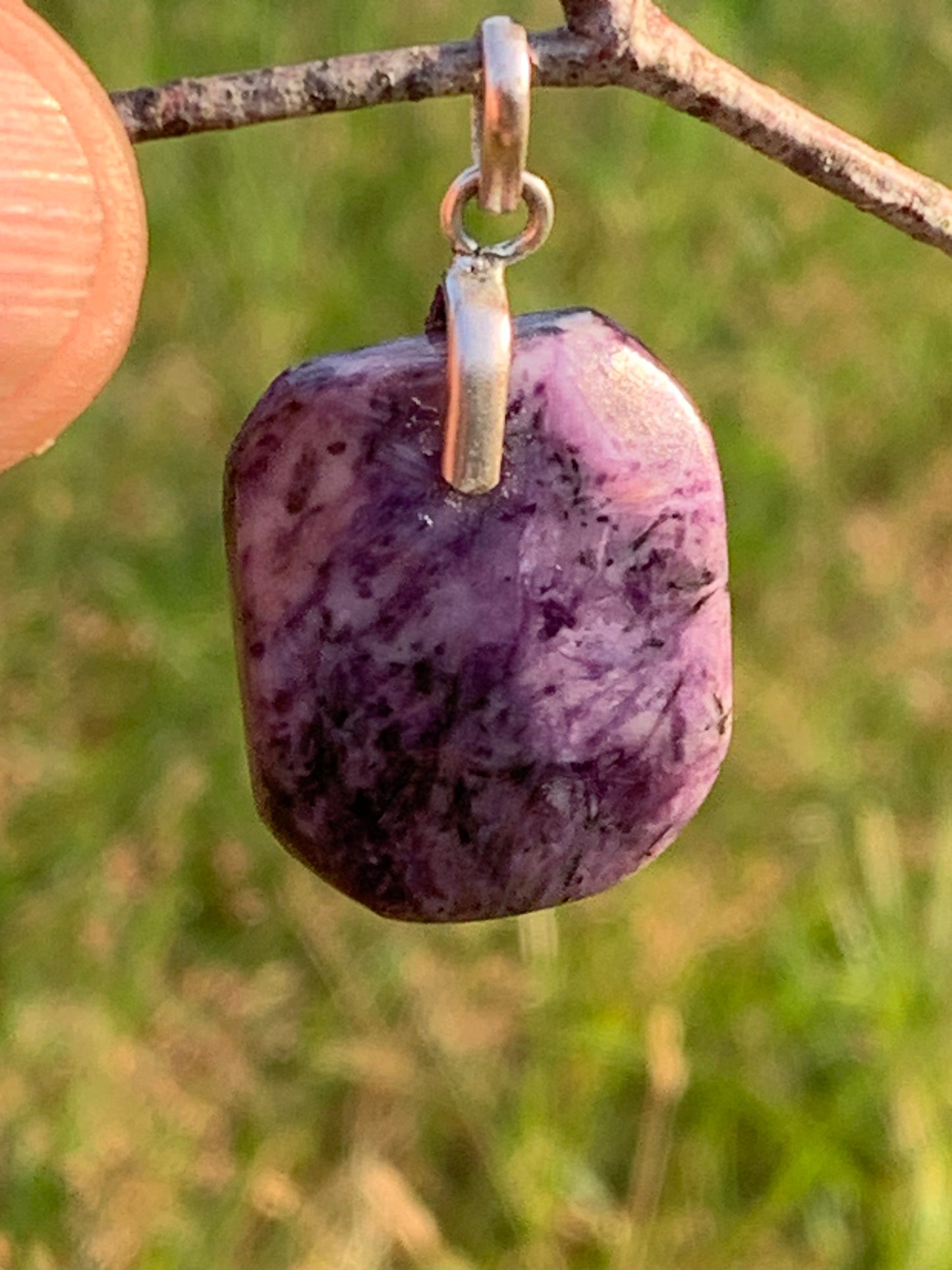 Charoite, 35mm x 20x 7mm drilled cabochon pendant. Sold with adjustable black cord!