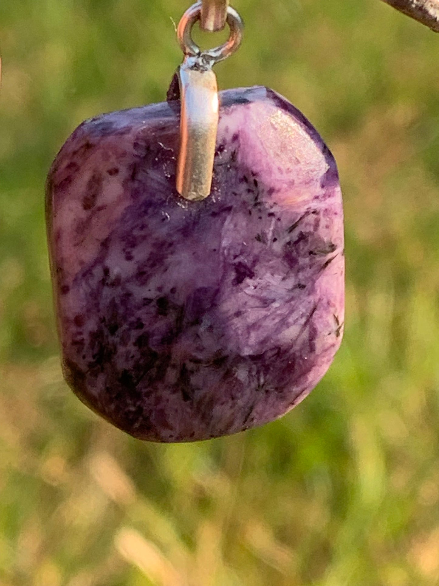 Charoite, 35mm x 20x 7mm drilled cabochon pendant. Sold with adjustable black cord!