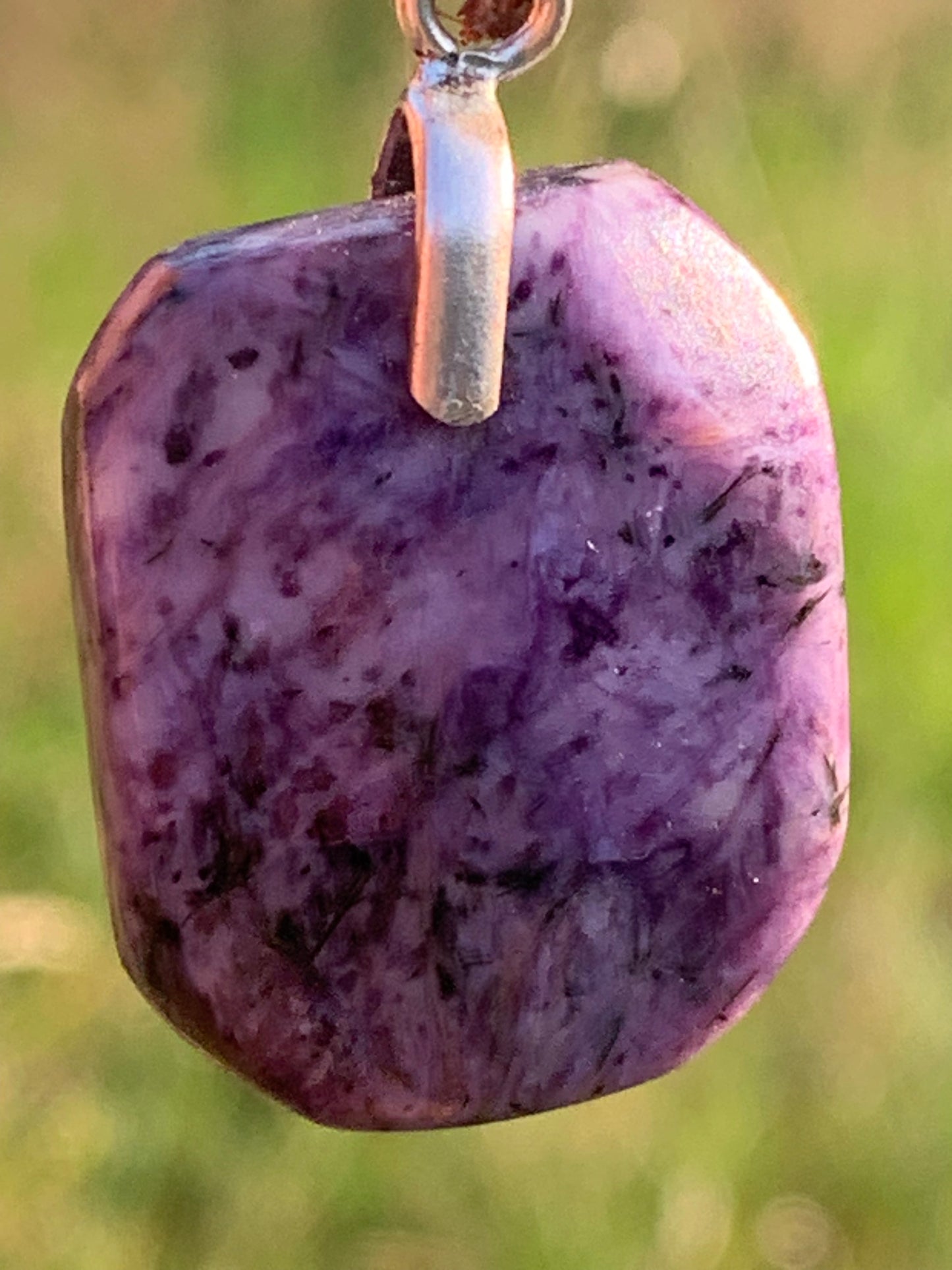 Charoite, 35mm x 20x 7mm drilled cabochon pendant. Sold with adjustable black cord!