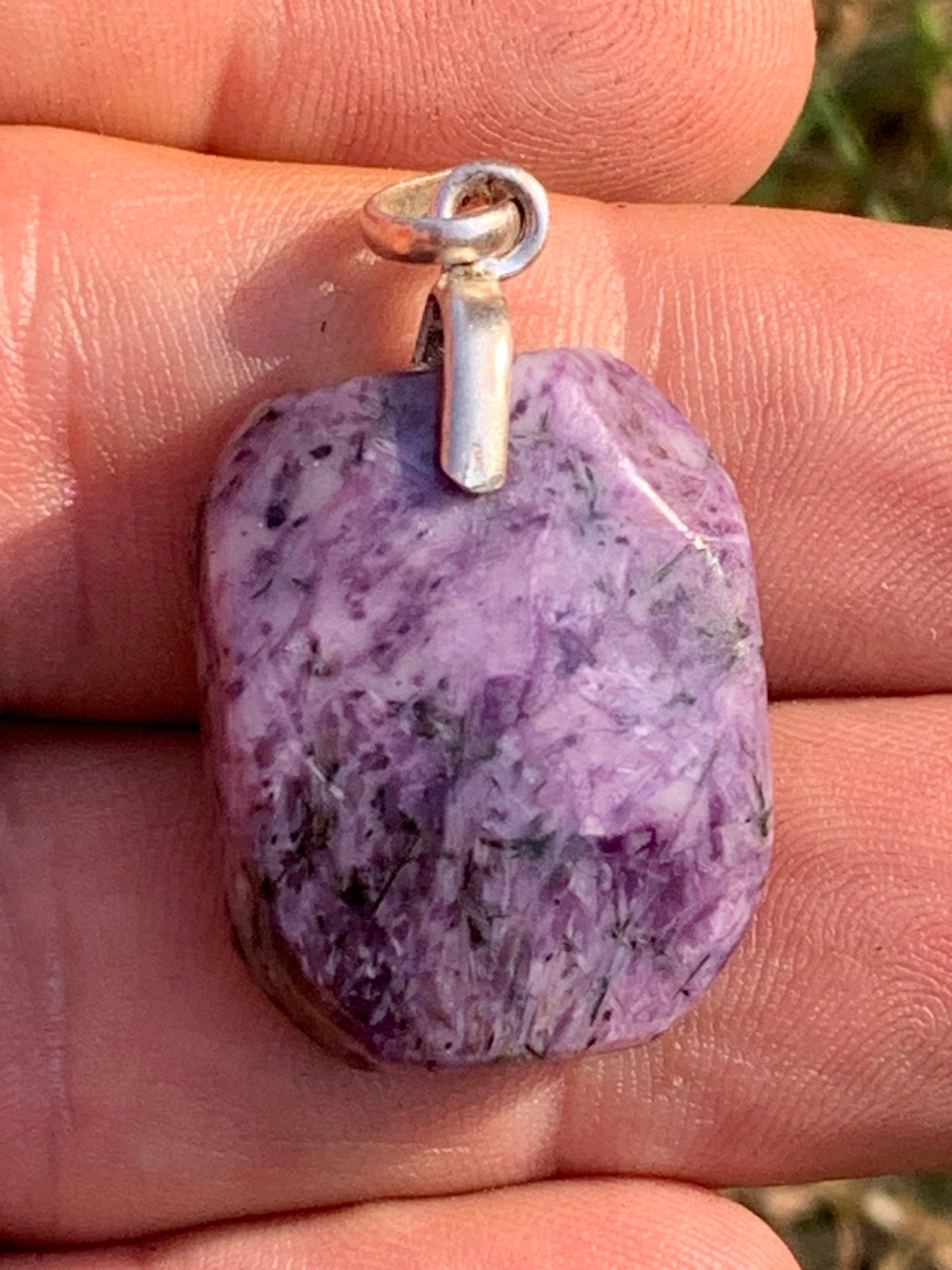 Charoite, 35mm x 20x 7mm drilled cabochon pendant. Sold with adjustable black cord!