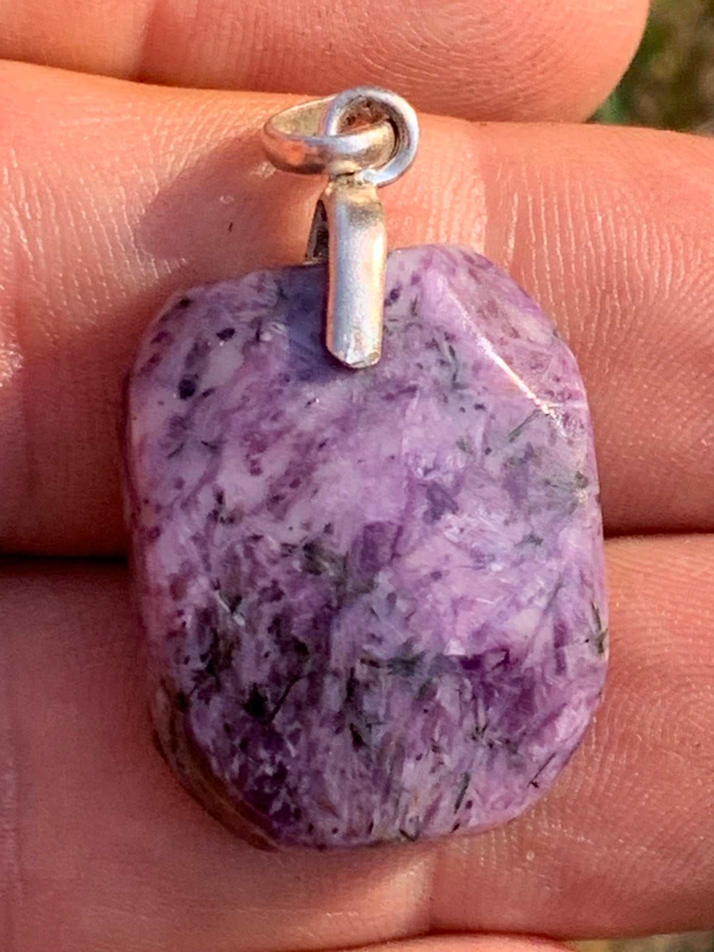 Charoite, 35mm x 20x 7mm drilled cabochon pendant. Sold with adjustable black cord!
