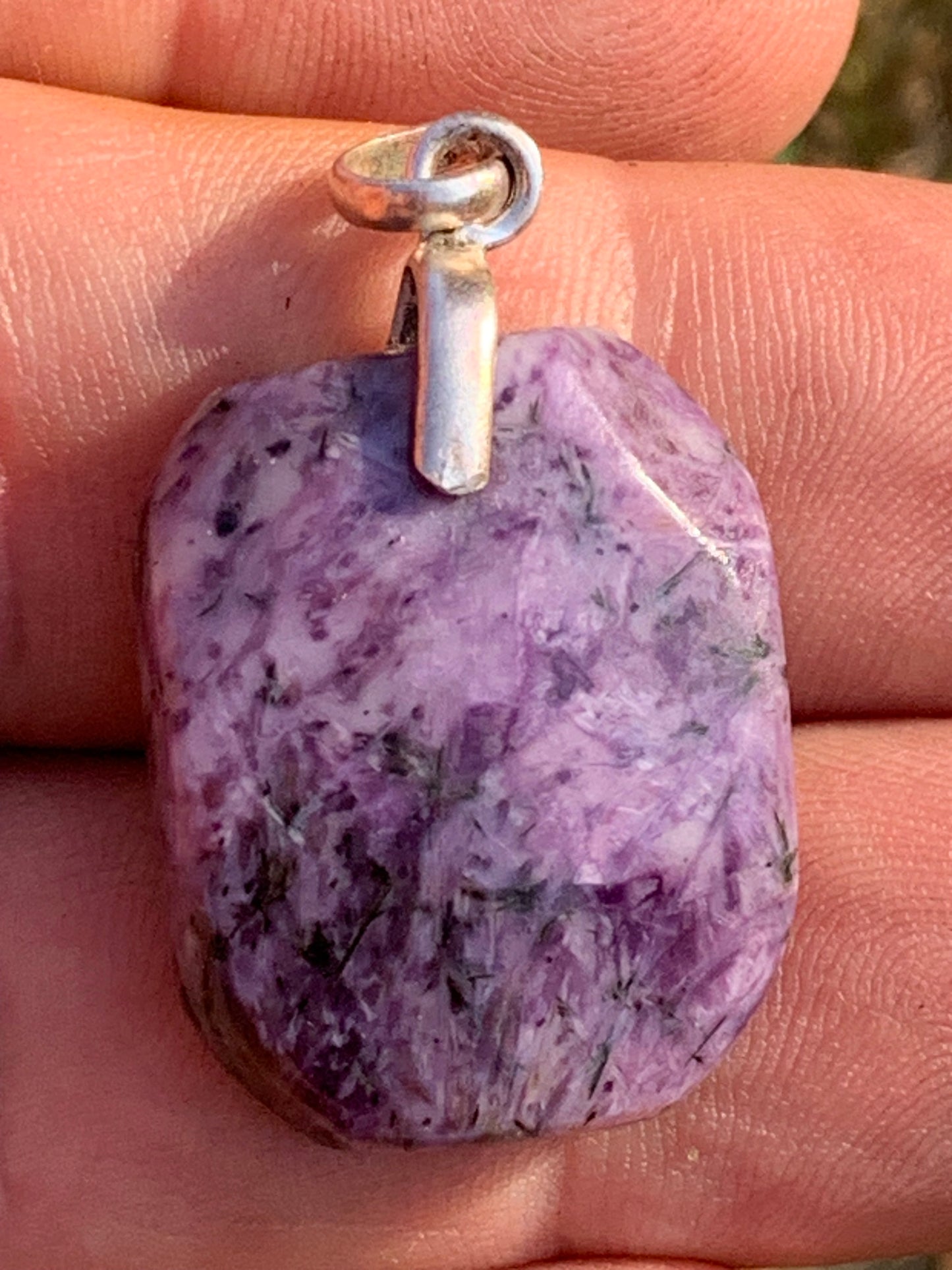 Charoite, 35mm x 20x 7mm drilled cabochon pendant. Sold with adjustable black cord!