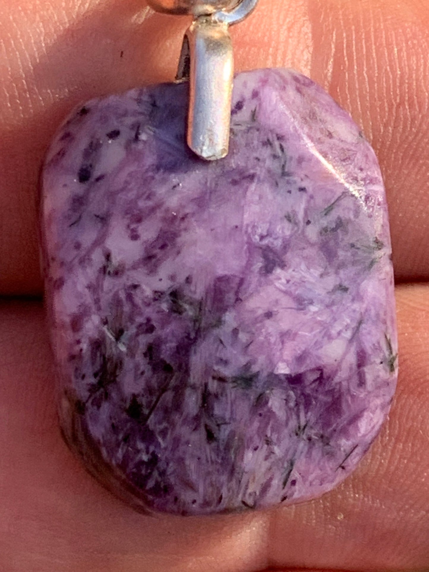 Charoite, 35mm x 20x 7mm drilled cabochon pendant. Sold with adjustable black cord!