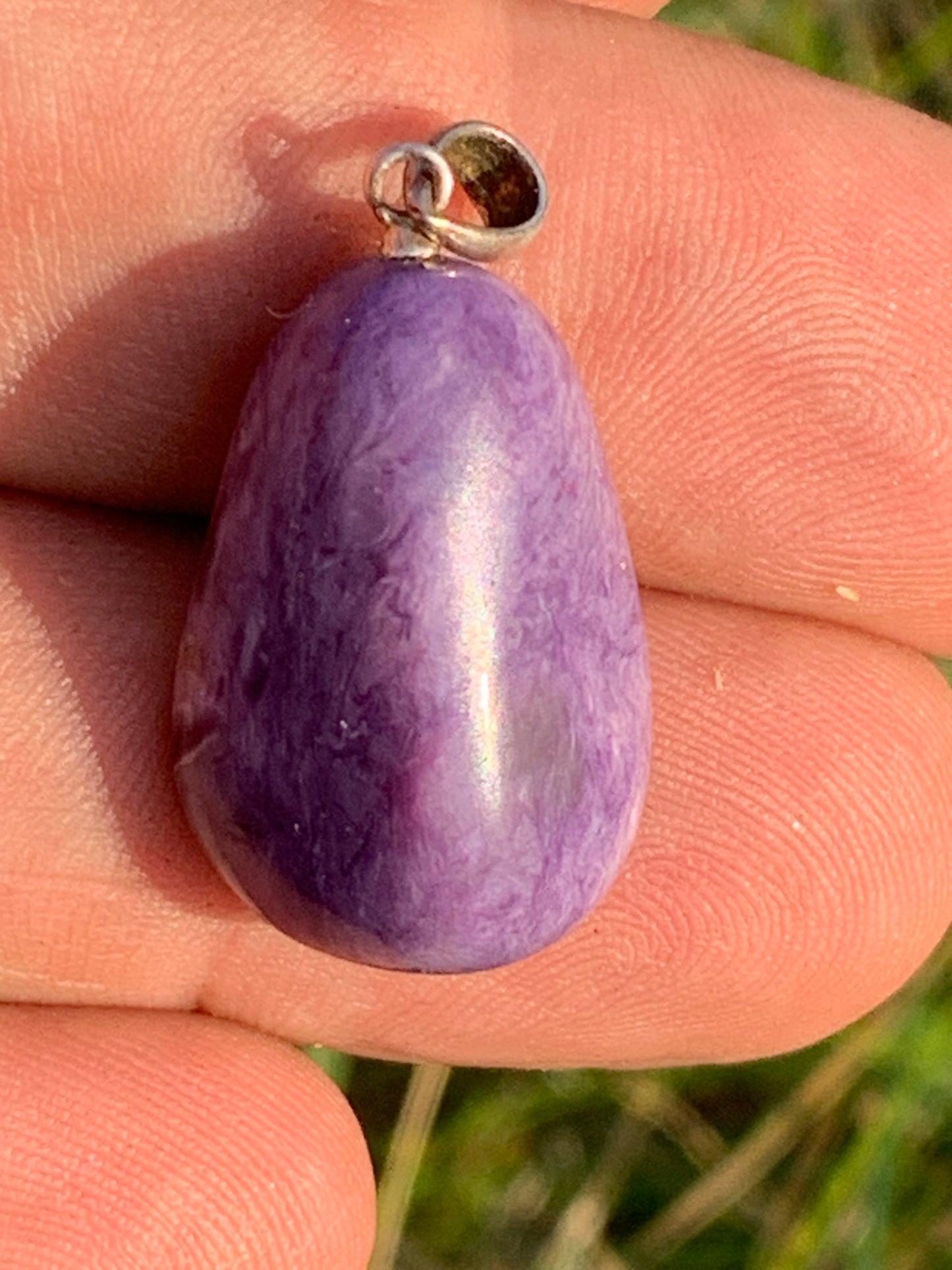 Charoite, pendant with silver clasp, 30mm x 16 x 10. Sold with adjustable black cord!
