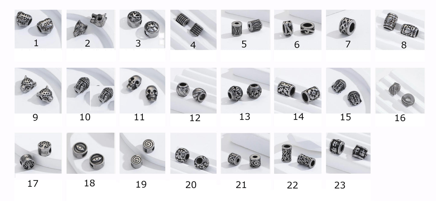 Sélection de perles avec gravures et formes diverses en acier inoxydable de 'haute qualité' pour la création de bracelets, colliers, Mala... De 8 à 20 millimètres - 23 Modèles au choix vendu à l'unité ou par 5 pièces !