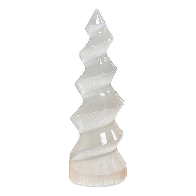 Sélénite - Tourelle taillée en spirale de 150mm de haut !