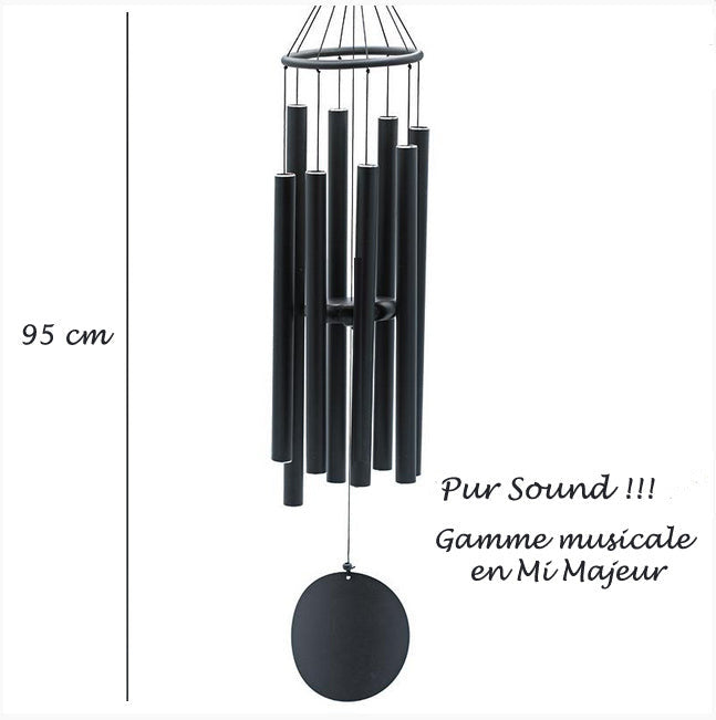 Carillon à vent avec huit tubes noirs qui forment une gamme musicale en 528 hertz (Mi/E majeur), une gamme ultra relaxante et très douce ! 95 centimètres - 740 grammes.