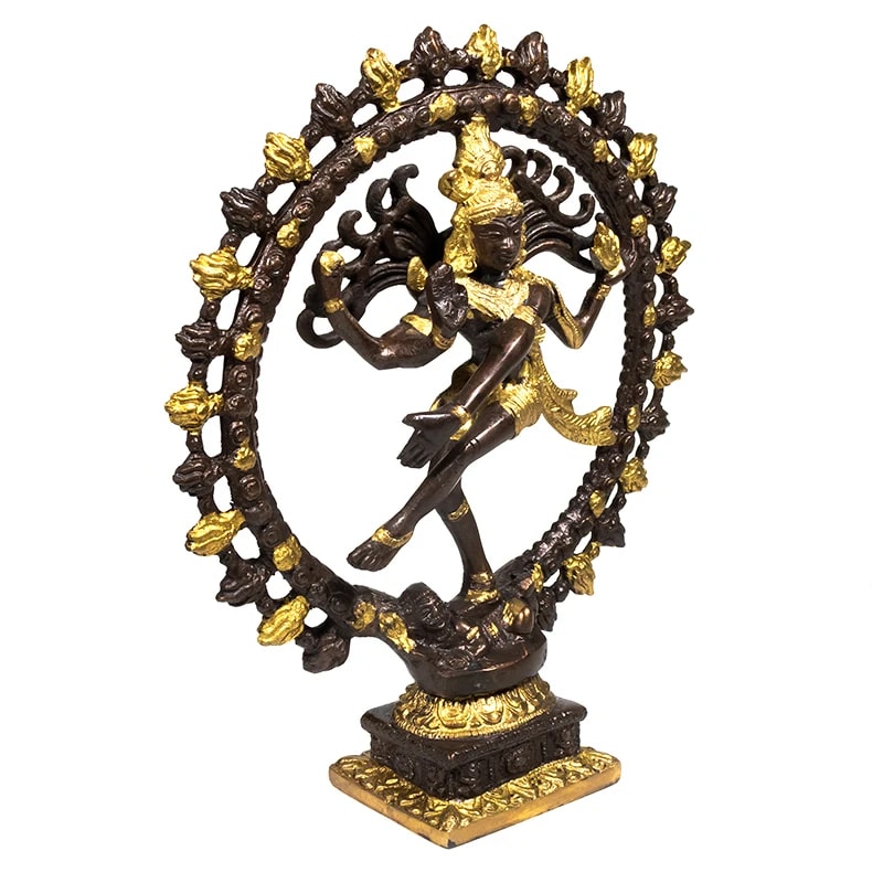 Brass Shiva Nataraj with double ring, 15, 20, or 27 cm, your choice. A Hindu deity, Shiva is the destroyer of all evil and is often depicted holding a trident. Shiva is Parvati's husband, and their son is Ganesh!
