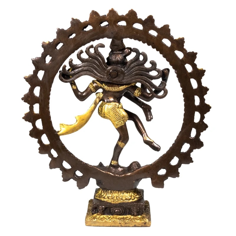 Brass Shiva Nataraj with double ring, 15, 20, or 27 cm, your choice. A Hindu deity, Shiva is the destroyer of all evil and is often depicted holding a trident. Shiva is Parvati's husband, and their son is Ganesh!