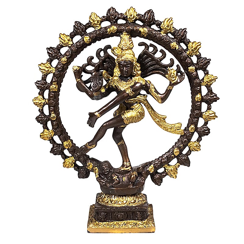 Brass Shiva Nataraj with double ring, 15, 20, or 27 cm, your choice. A Hindu deity, Shiva is the destroyer of all evil and is often depicted holding a trident. Shiva is Parvati's husband, and their son is Ganesh!