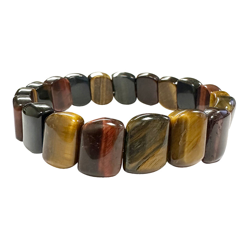 Bracelet en plaquette de pierre en œil de tigre, œil de taureau et œil de faucon. Dimension : Plaquette d'environ 1.3 à 1.5 centimètres. Monté sur élastique haute résistance !