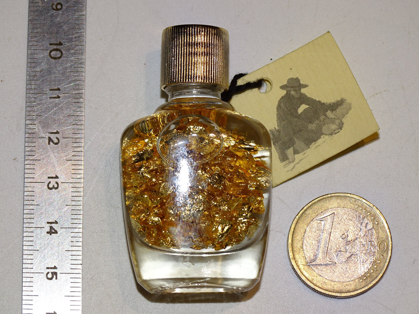 Or, Fiole/ flacon de paillettes de 5x3 centimètres, en provenance du Brésil, avec étiquette de garantie !