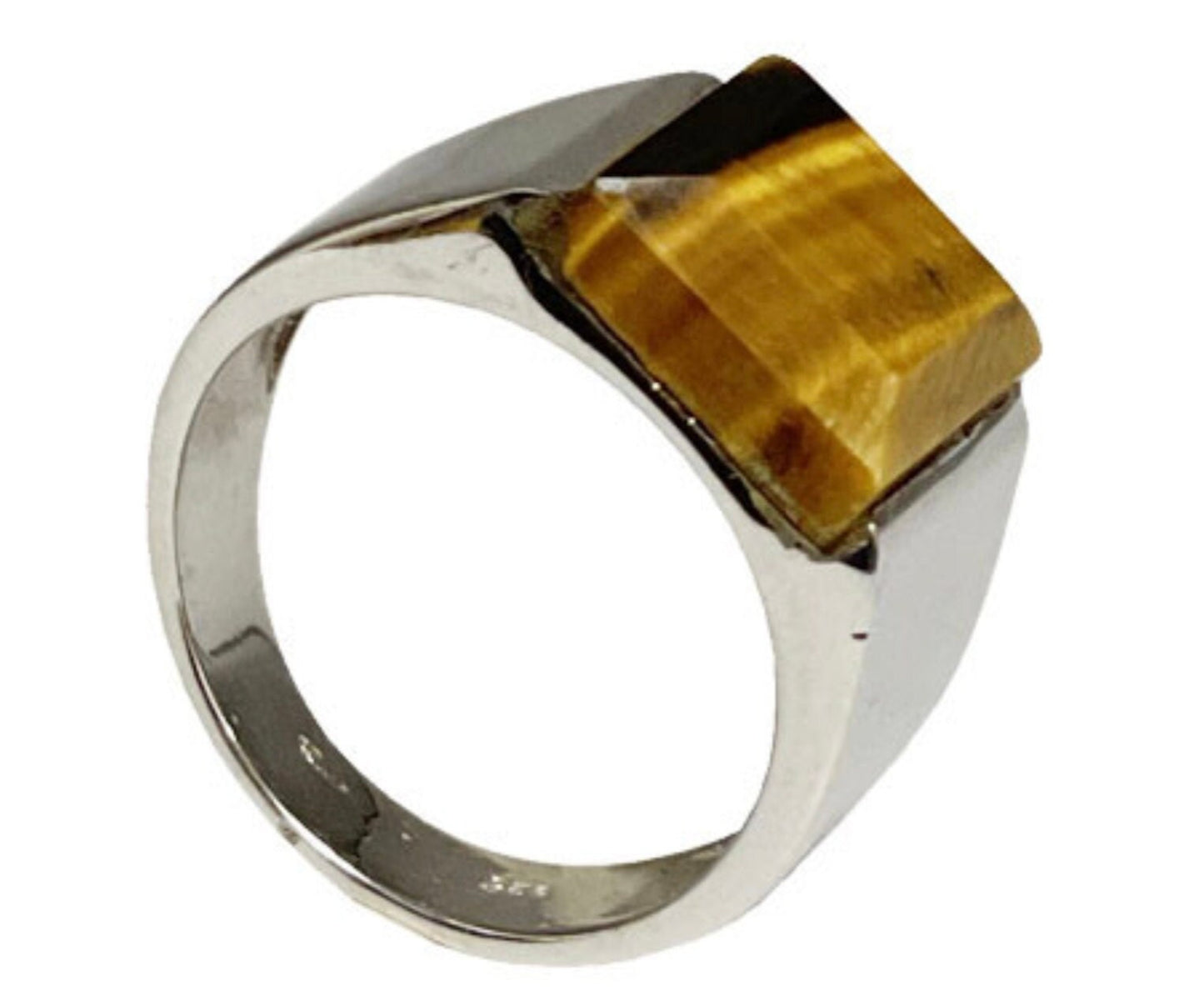 Bague/ chevalière en Œil de tigre, en Argent 0.925. Superbe pierre aux reflets irisés ! Taille de 60 à 74 Fr.