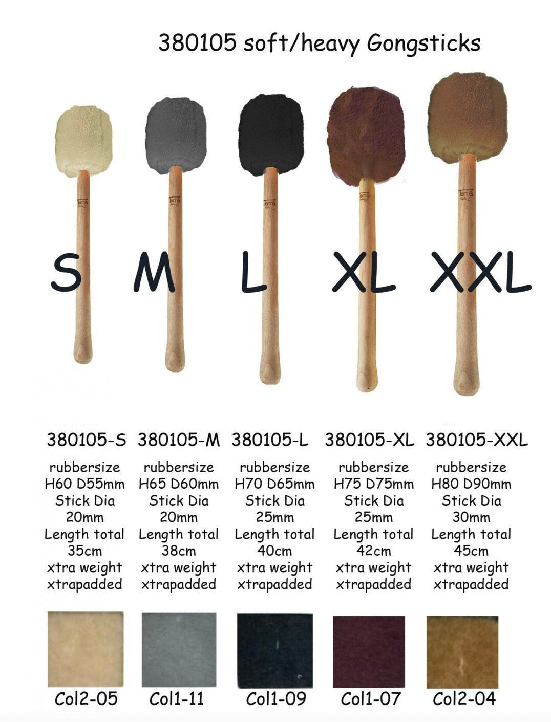 Collection de 'maillets/ stick' de haute qualité de chez ‘Pro-Line’ pour gong. 5 tailles/ 5 couleurs au choix, Avec noyau en bois dur avec peluche synthétique !