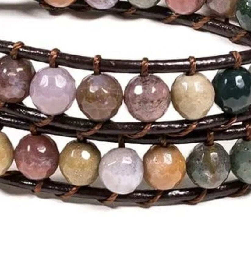 Bracelet en cuir multi-rang (2 tours), 87 perles d'Agate de 6mm - 27 cm de long - 46 gr. Disponible de 17 à 21 cm !