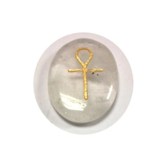 Set of 6 'Wicca' stones made of rock crystal/quartz, measuring 3.3 x 2.3 cm/120 grams. With engraved symbols in 'Gold' colors... Sold with a felt cover, perfect!