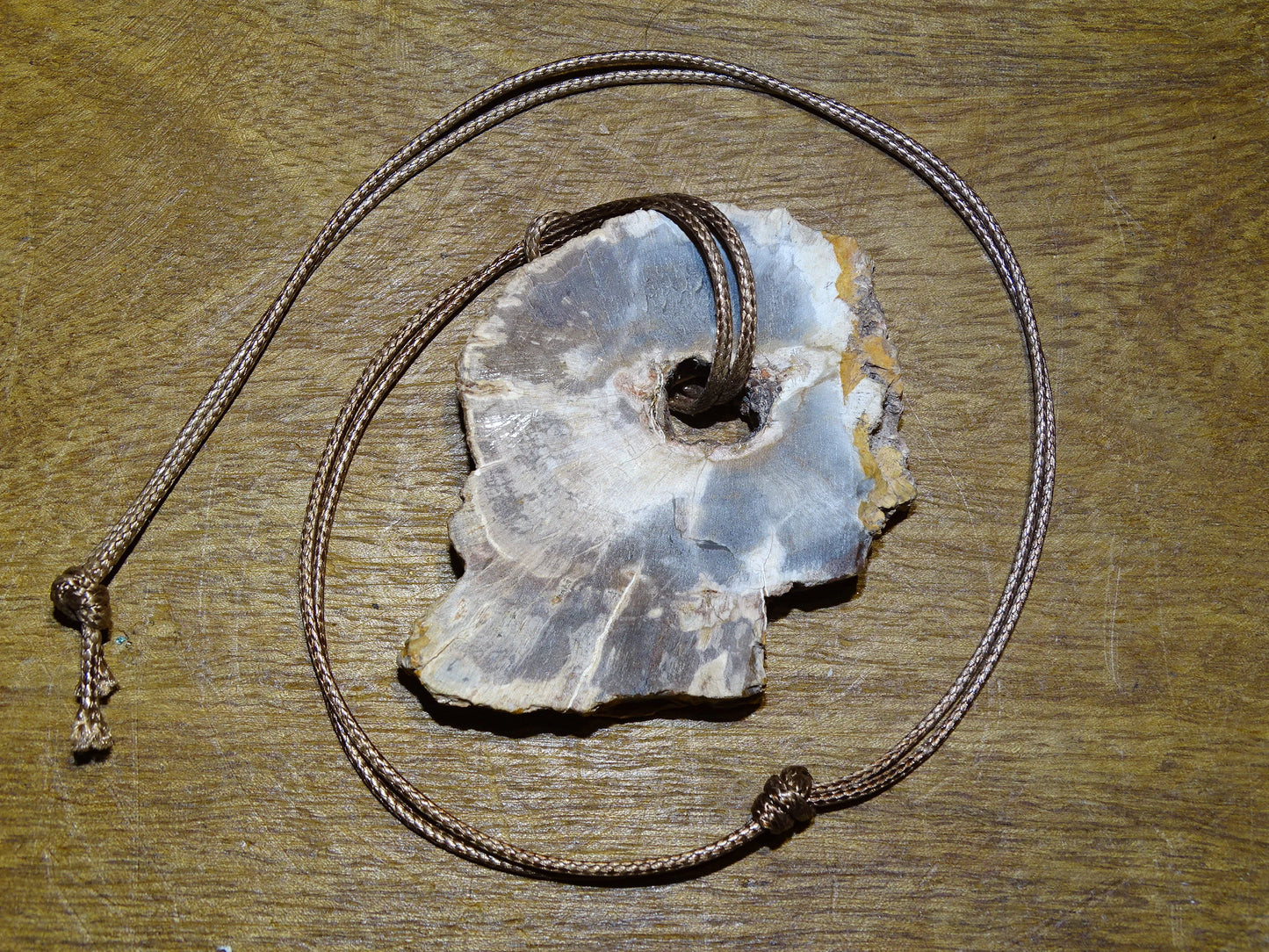 Bois fossilisé/ pétrifié, pendentif de 58x42x8 millimètres, vendu avec cordon coulissant (réglable) marron de 40 à 70 centimètres !