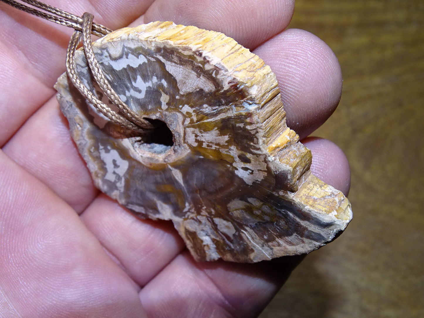 Bois fossilisé/ pétrifié, pendentif de 58x42x8 millimètres, vendu avec cordon coulissant (réglable) marron de 40 à 70 centimètres !