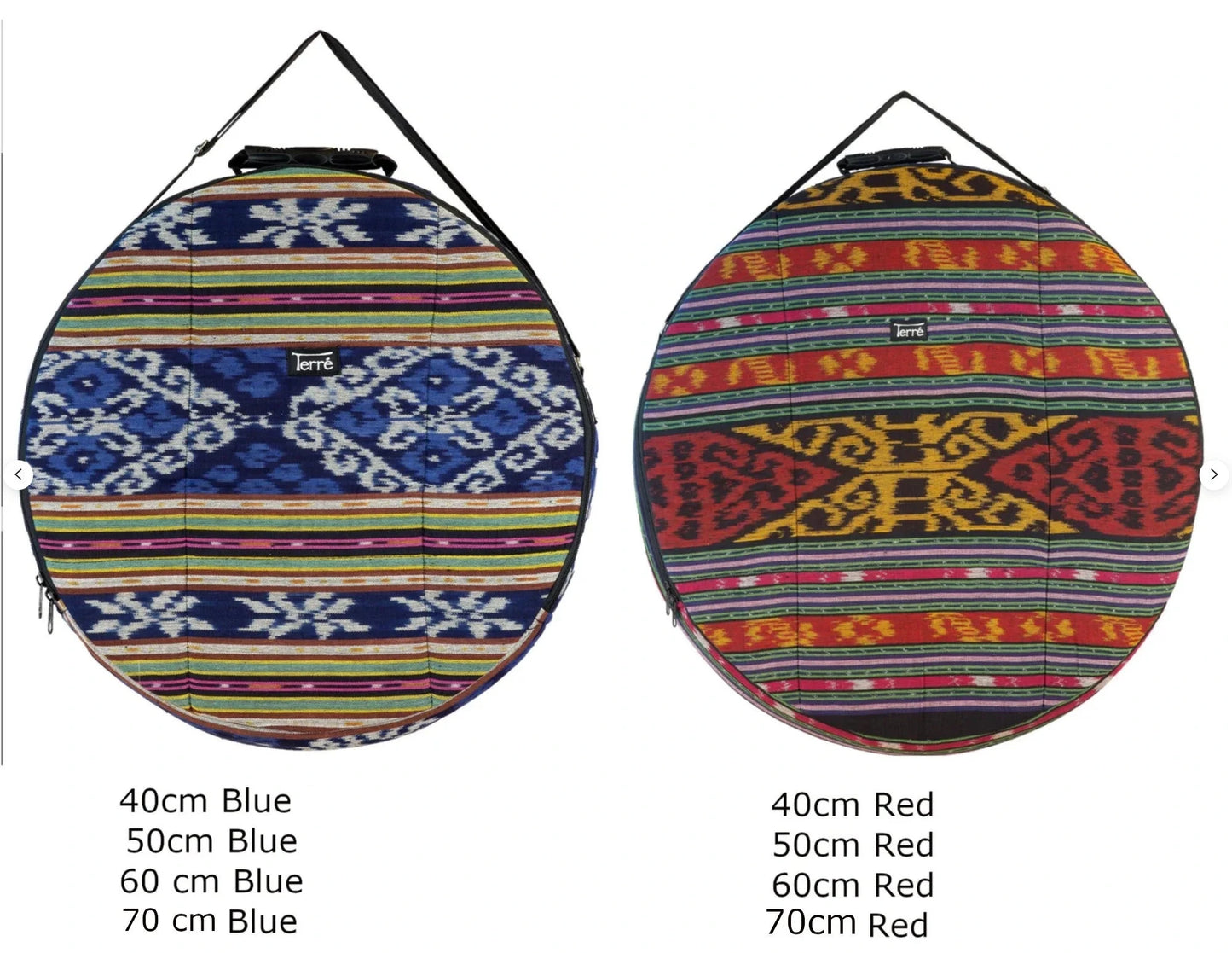 A selection of drum heads and special covers, available in blue, red, or nylon fabrics, from 30 to 100 centimeters. Also suitable for gongs! Contact us for custom covers!
