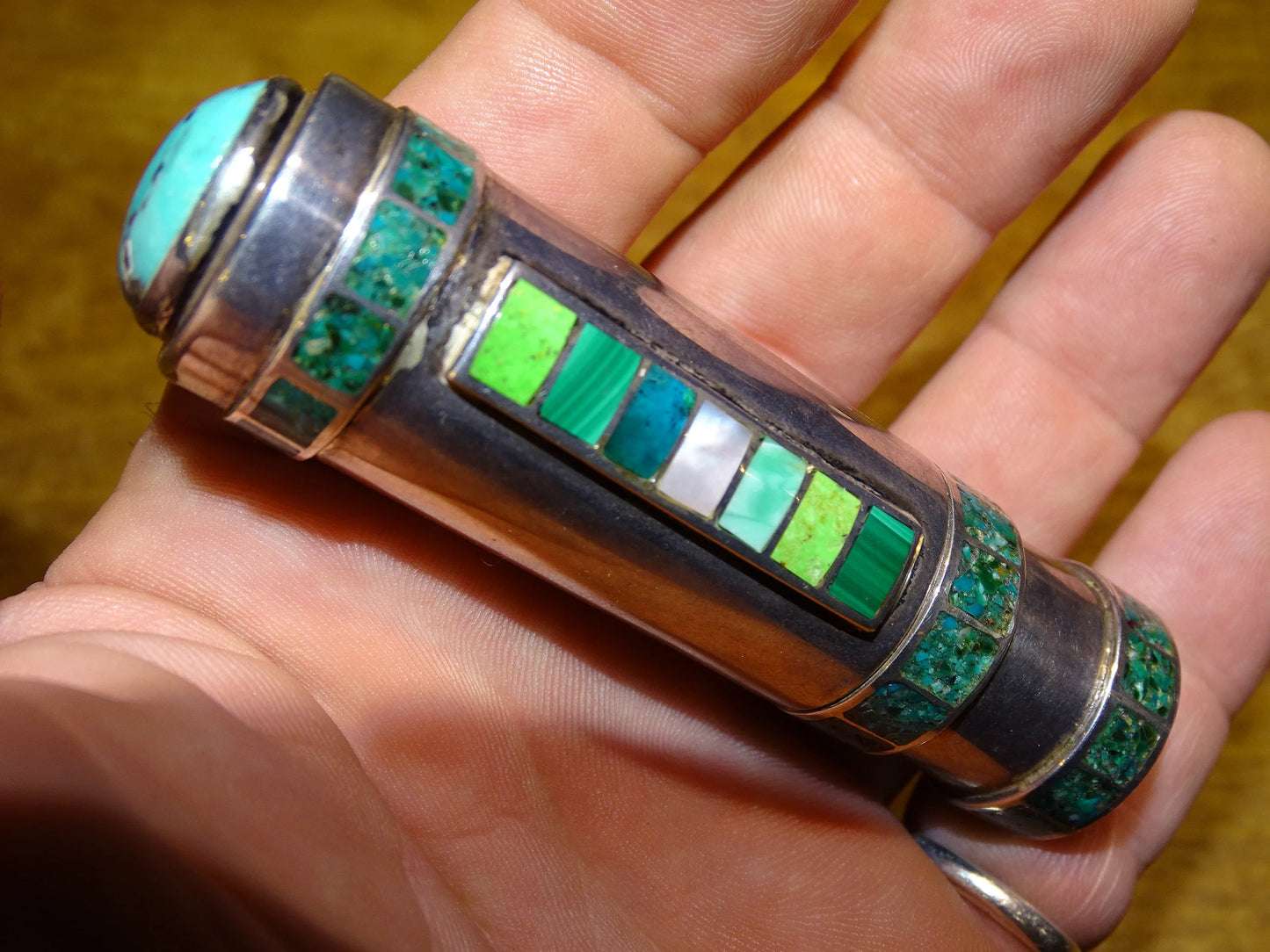 Case/Tube/Stick in 0.925 Silver adorned with turquoise stones, made by a French jeweler!