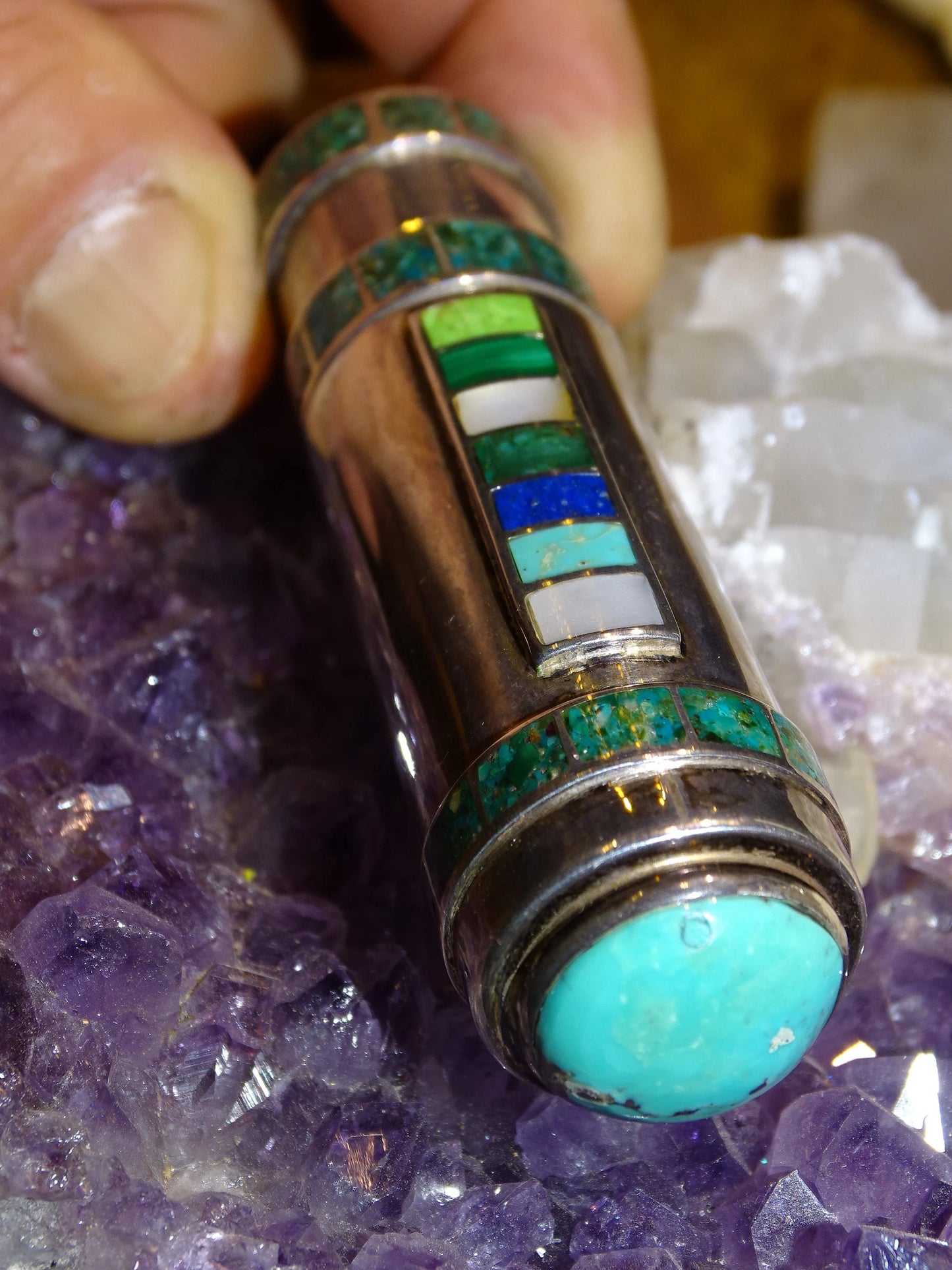 Case/Tube/Stick in 0.925 Silver adorned with turquoise stones, made by a French jeweler!