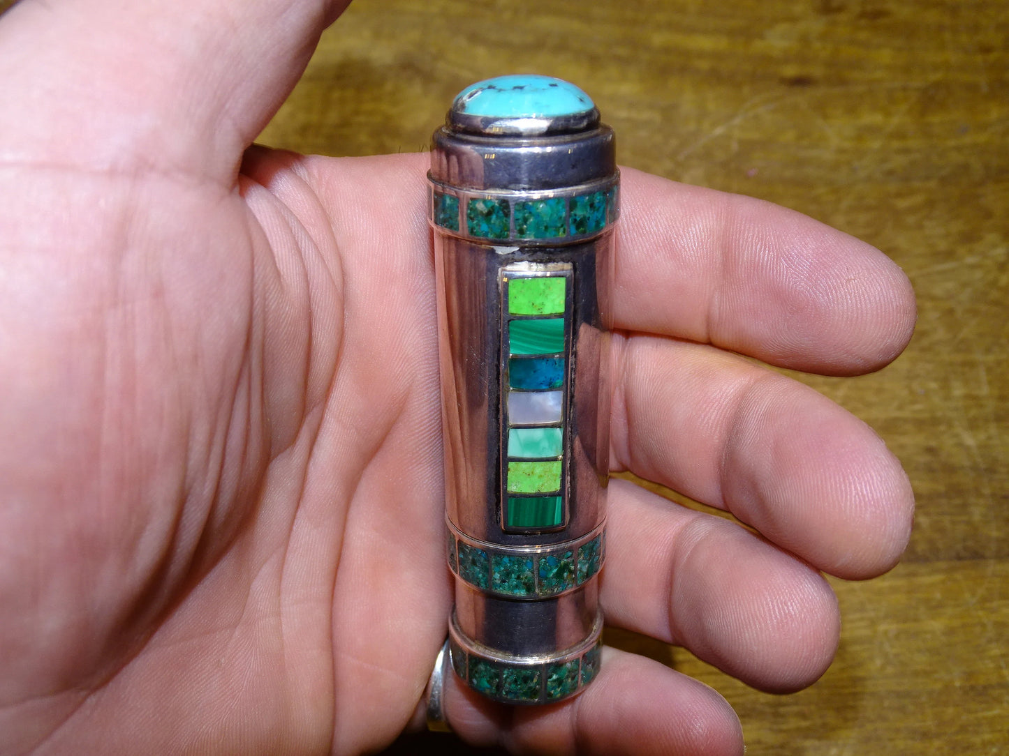 Case/Tube/Stick in 0.925 Silver adorned with turquoise stones, made by a French jeweler!