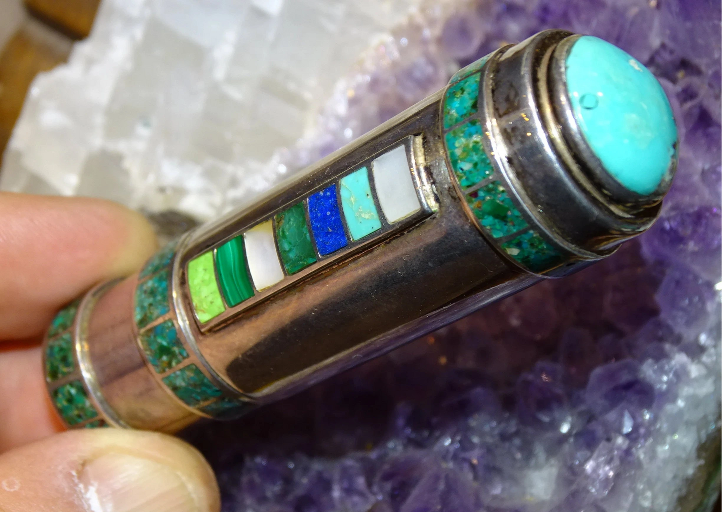 Case/Tube/Stick in 0.925 Silver adorned with turquoise stones, made by a French jeweler!