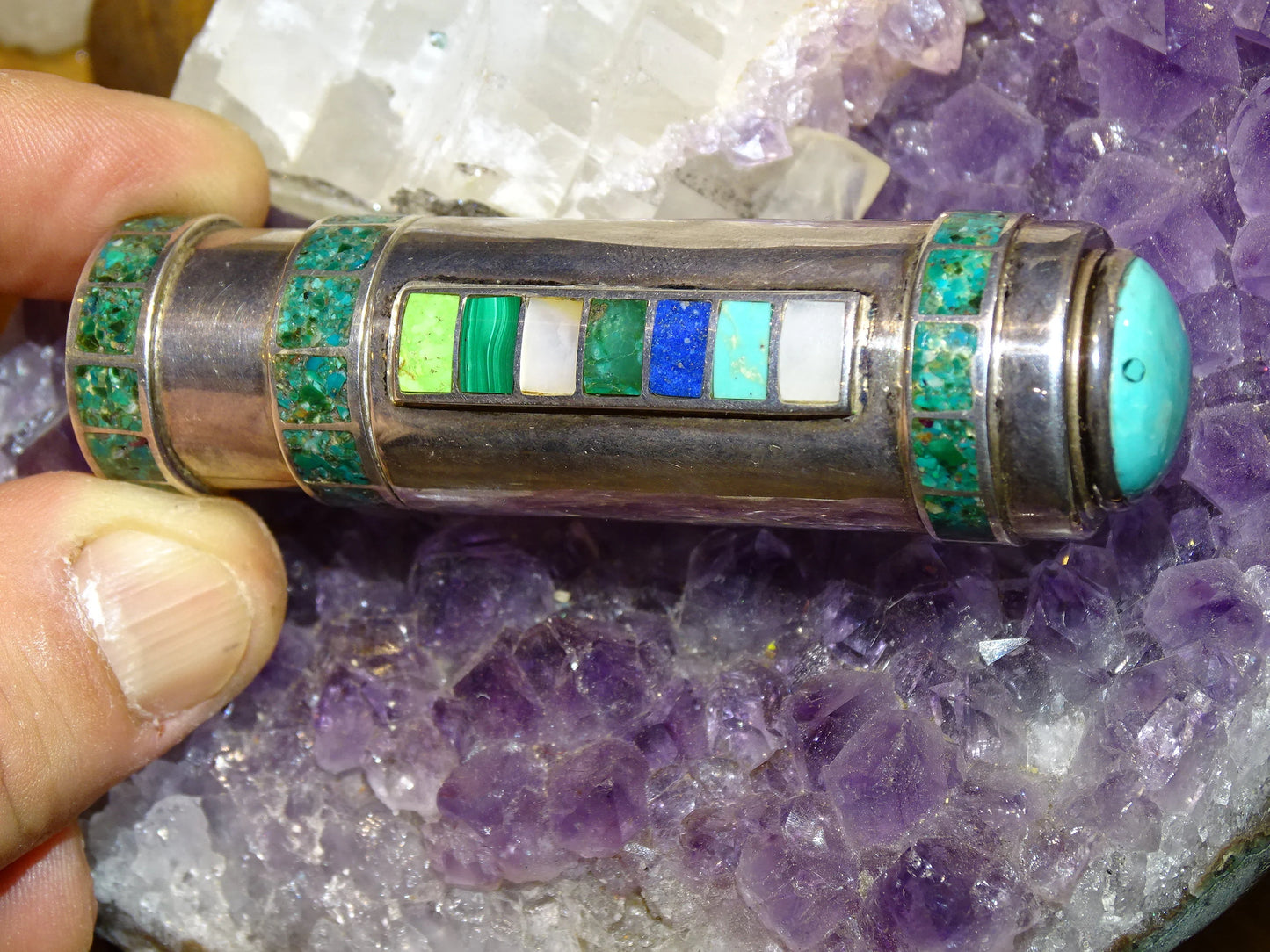 Case/Tube/Stick in 0.925 Silver adorned with turquoise stones, made by a French jeweler!