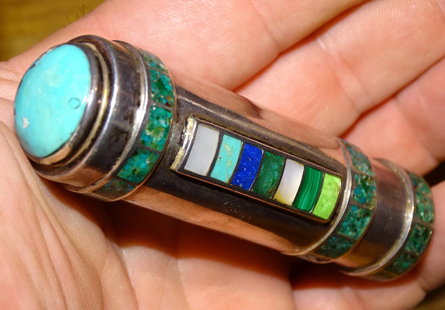 Case/Tube/Stick in 0.925 Silver adorned with turquoise stones, made by a French jeweler!