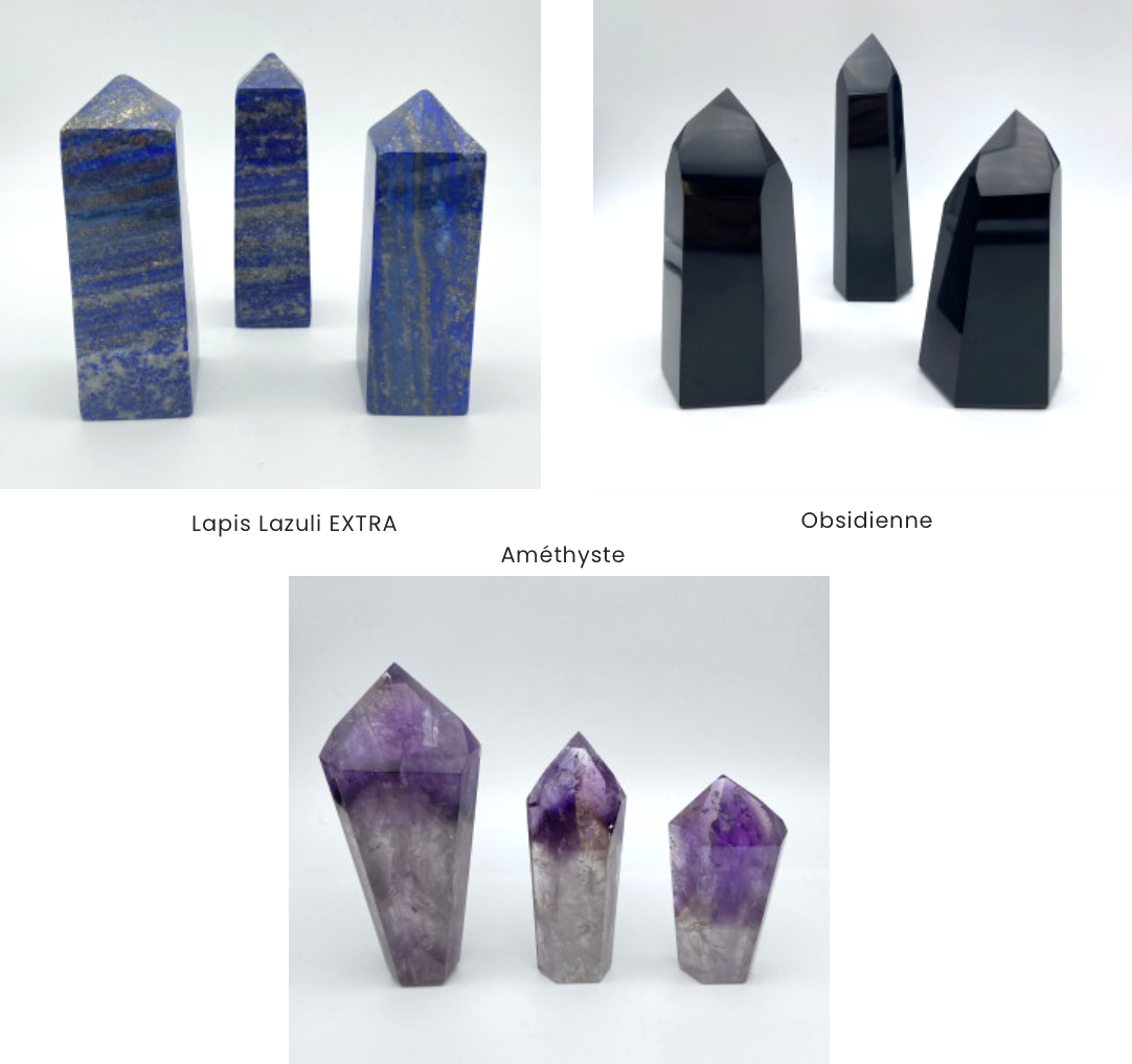 Sélection d'Obélisques au choix en Lapis lazuli, Améthyste ou Obsidienne. 3 tailles au choix : 6/8x3cm - 8/11x4cm - 11/ 14x5cm. Vente à l'unité ou en lot de 3 !... Très belle qualité, parfait ...!