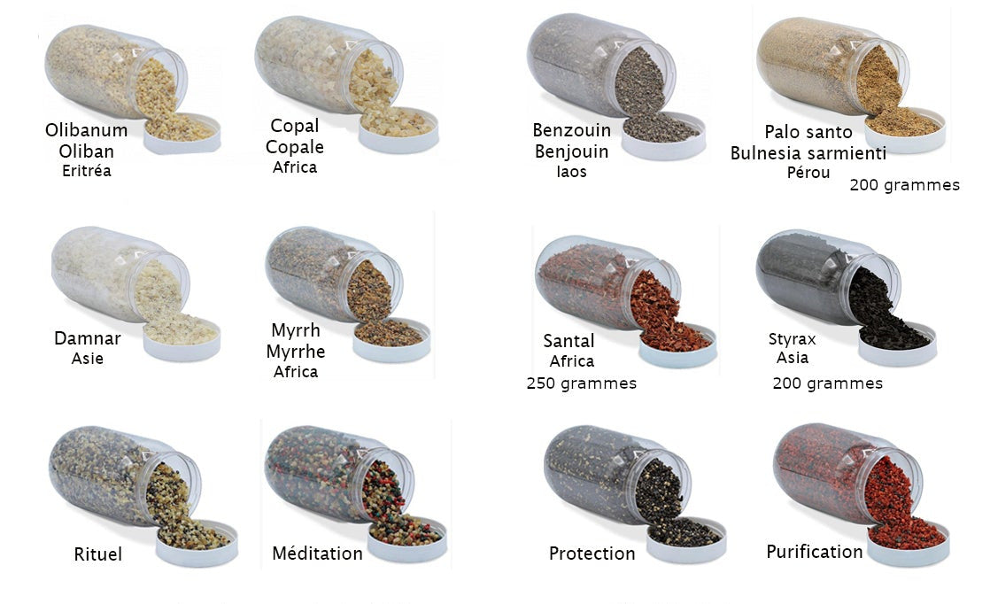 The 12 most commonly used 'grain' incense, 100% natural, to be burned on charcoal*, sold by weight according to instructions. All the main grain incense gathered in a few photos, perfect! Sold in 80g units or in full boxes of 200 to 500 grams!
