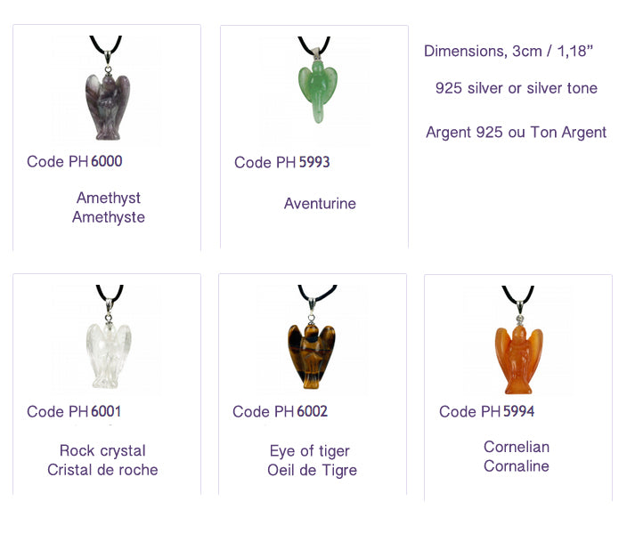 Natural stone angel pendant, 30 millimeters x 25 x 10 millimeters. Choose the stone that suits you: amethyst, aventurine, rock crystal, carnelian, or tiger's eye. Comes with a drawstring, ready to wear or give as a gift!