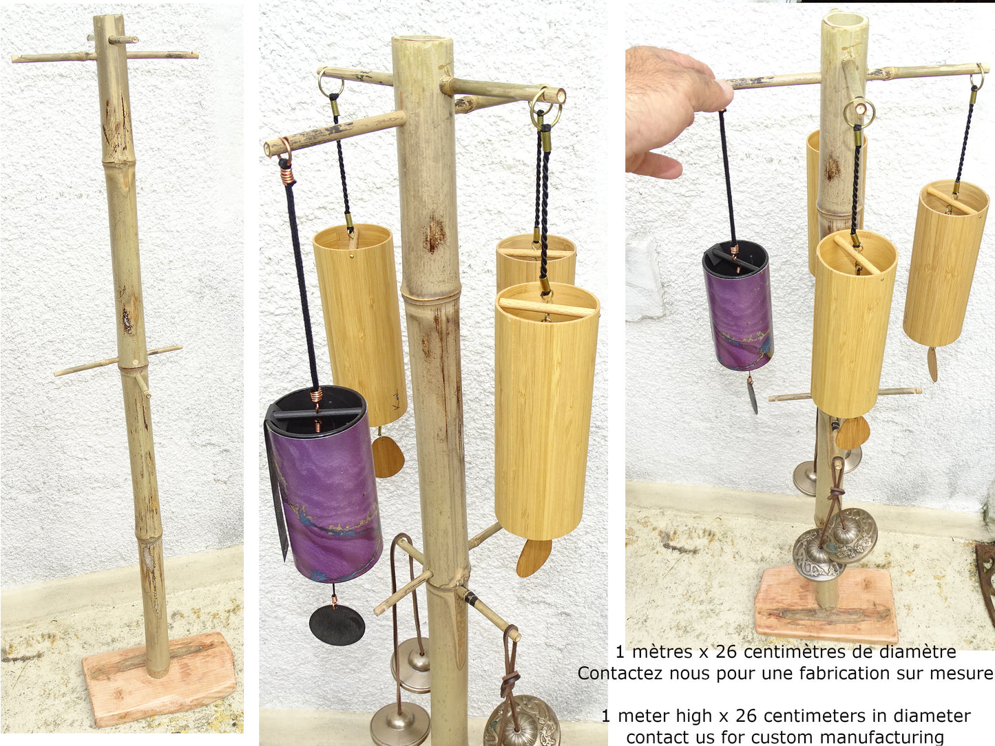 Gem & Zen creation, 'double row' wooden stands, for Koshi, Zaphir or other style chimes, 45 or 95 centimeters high, base 20 x 20cm. Also suitable for Tibetan cymbal (Tingsha). 'Matte' or 'glossy' finish option, perfect!