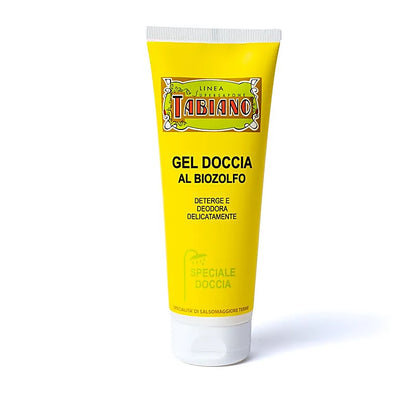 A selection from 'Tabiano': shampoo, gel, cream, and more, ranging from 75 to 250 milliliters. These products are particularly suited to all skin problems (face, feet, and legs) thanks to their composition with Bio-Sulfur!