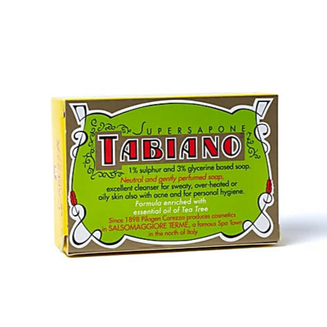 Savon de chez 'Tabiano' de 125 grammes. particulièrement adapté à la peau grasse et à la surproduction de sébum. Le Bio-Soufre est innovant dans son action rééquilibrante !