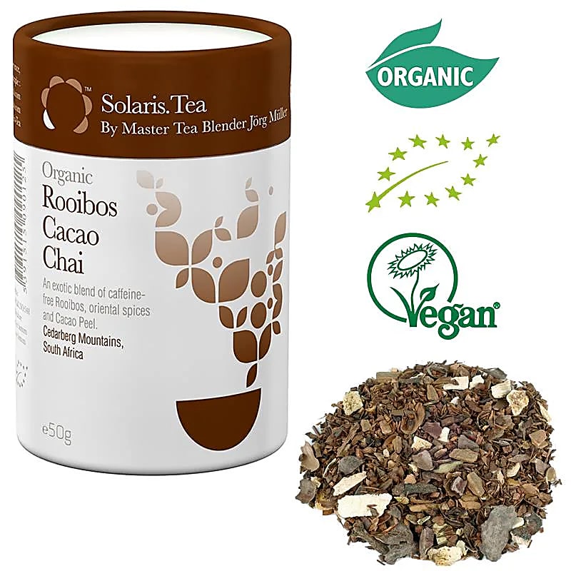 Organic and Vegan green tea, white tea, and herbal tea from Solaris, hand-prepared in Ireland, 6 flavors to choose from, 100-gram box, 75/150 cups (when re-infused). Very good quality!
