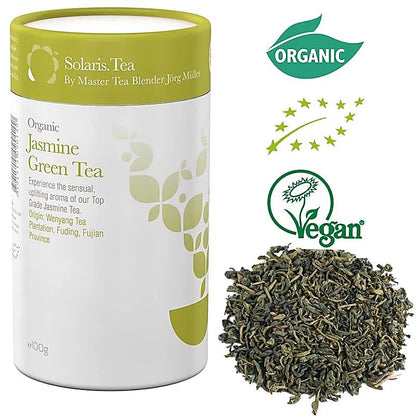 Organic and Vegan green tea, white tea, and herbal tea from Solaris, hand-prepared in Ireland, 6 flavors to choose from, 100-gram box, 75/150 cups (when re-infused). Very good quality!