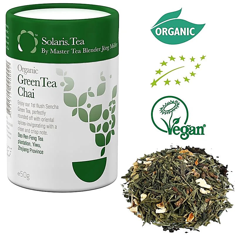 Organic and Vegan green tea, white tea, and herbal tea from Solaris, hand-prepared in Ireland, 6 flavors to choose from, 100-gram box, 75/150 cups (when re-infused). Very good quality!